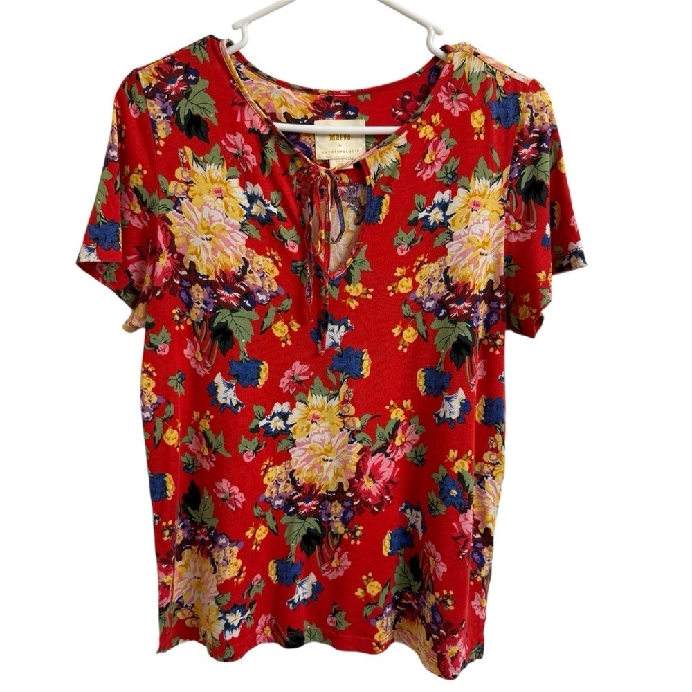 Maeve by Anthropologie Size S Clemente Red Floral Short Sleeve Tie-Neck Blouse - Picture 4 of 13